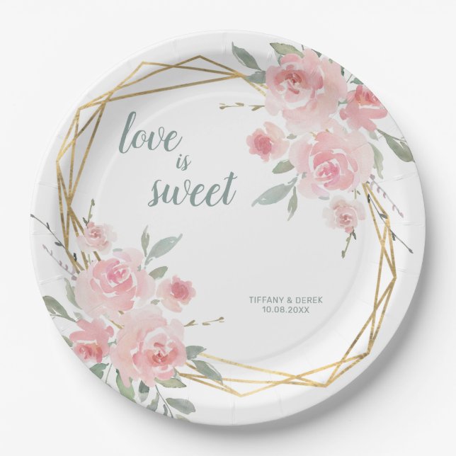 Love is Sweet Blush Floral Geometric Wedding Paper Plates (Front)