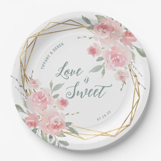 Love is Sweet Blush Floral Wedding Paper Plates (Front)