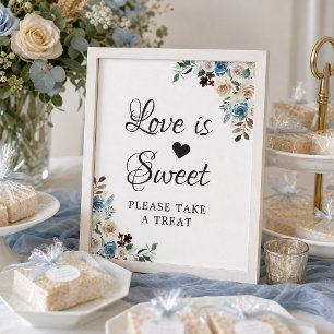 Love Is Sweet Boho Dusty Blue Floral Wedding Poster
