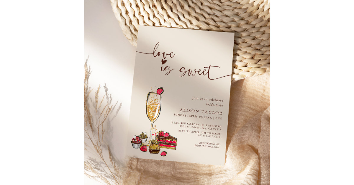 Love Is Sweet Bridal Shower Gold Champagne Glass Invitation Zazzle
