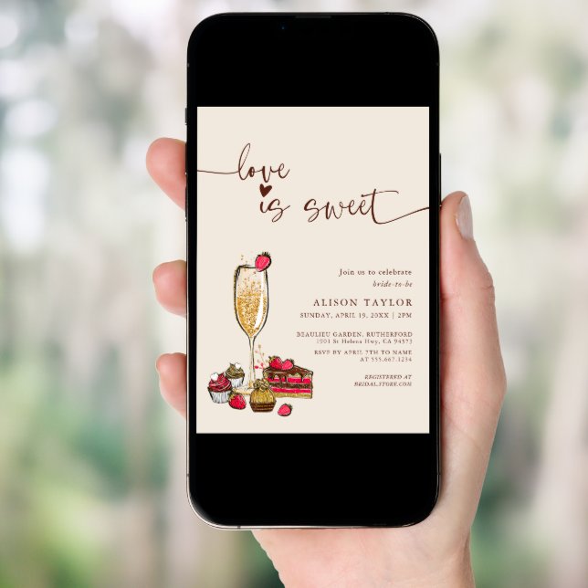 Love Is Sweet Bridal Shower Gold Champagne Glass  Invitation (Front Digital)
