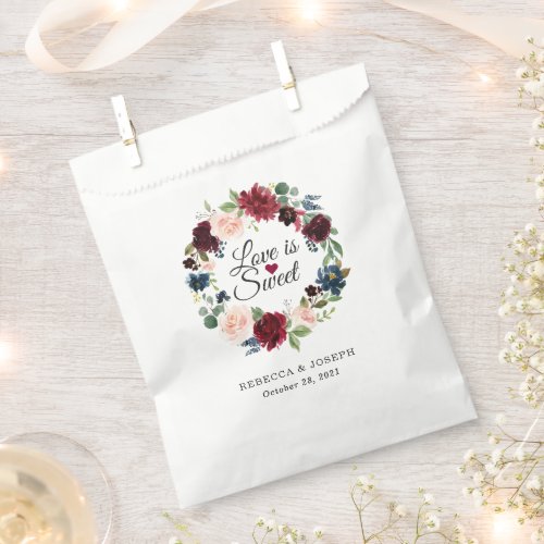 Love is Sweet Burgundy Blush Blue Floral Wedding Favor Bag