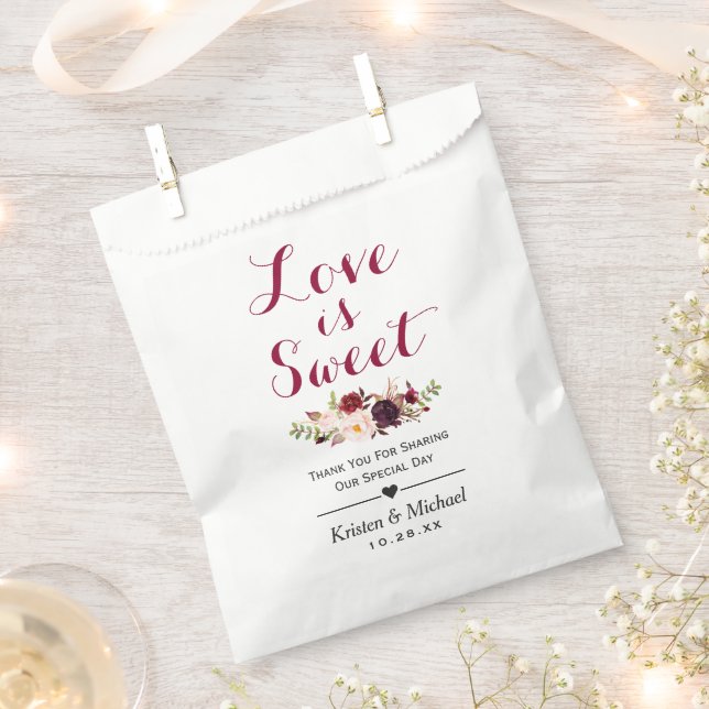 Love is Sweet Burgundy Floral Wedding Favor Bag (Clipped)