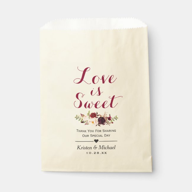 Love is Sweet Burgundy Floral Wedding Favor Favor Bag