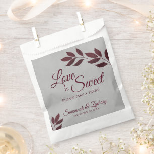 Love is Sweet Burgundy Leaves on Gray Wedding Favor Bag