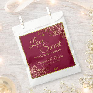 Love is Sweet Burgundy Maroon & Gold Lace Wedding Favor Bag