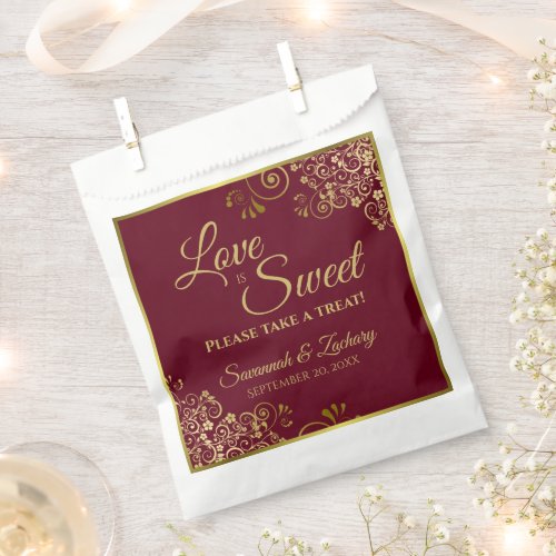 Love is Sweet Burgundy Maroon  Gold Lace Wedding Favor Bag