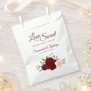 Love is Sweet Burgundy Red & Pink Floral Wedding Favor Bag
