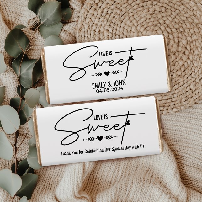 Love Is Sweet Calligraphy Black & White Wedding Hershey Bar Favors (love is sweet wedding candy favors calligraphy script reception bride and groom names minimal simple)