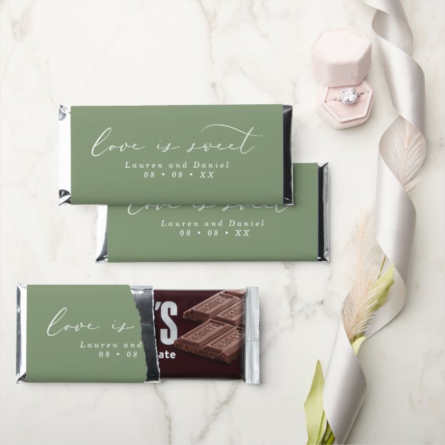 Love is Sweet Calligraphy Sage Wedding Hershey Bar Favors (Front)