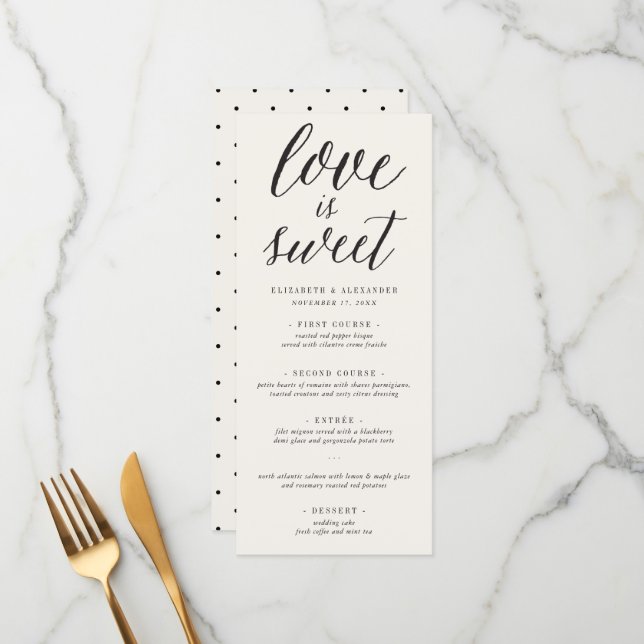 Love Is Sweet Calligraphy Script Classic Wedding Menu (Front/Back In Situ)
