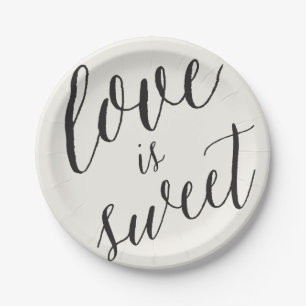 Love Is Sweet Classic Script Calligraphy Wedding Paper Plates