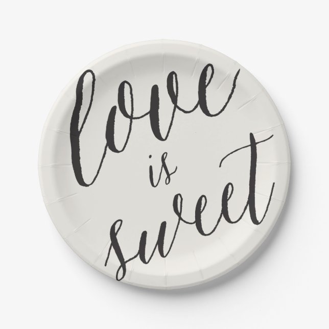 Love Is Sweet Classic Script Calligraphy Wedding Paper Plates (Front)