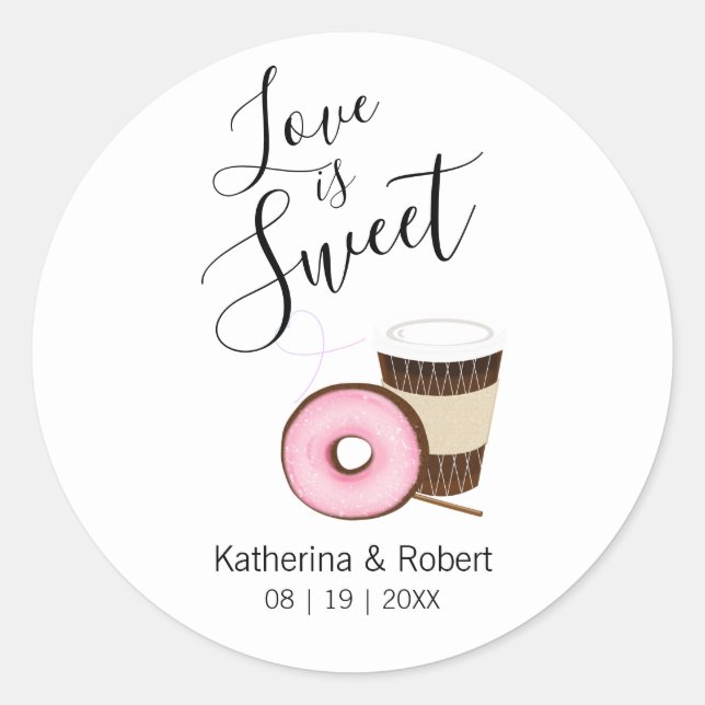 Love Is Sweet Coffee and Donut | Wedding Classic Round Sticker (Front)