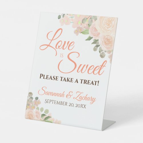 Love is Sweet Coral Peach Boho Floral Wedding Pedestal Sign