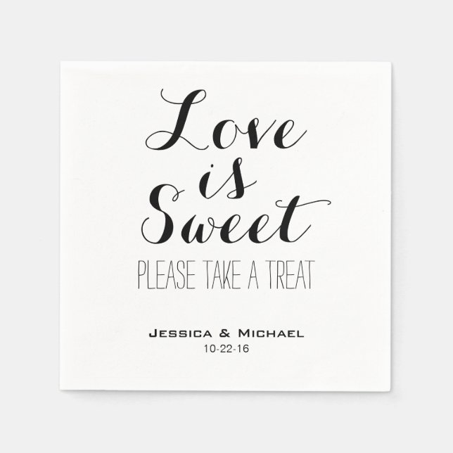 Love is sweet custom black and white wedding napkins (Front)