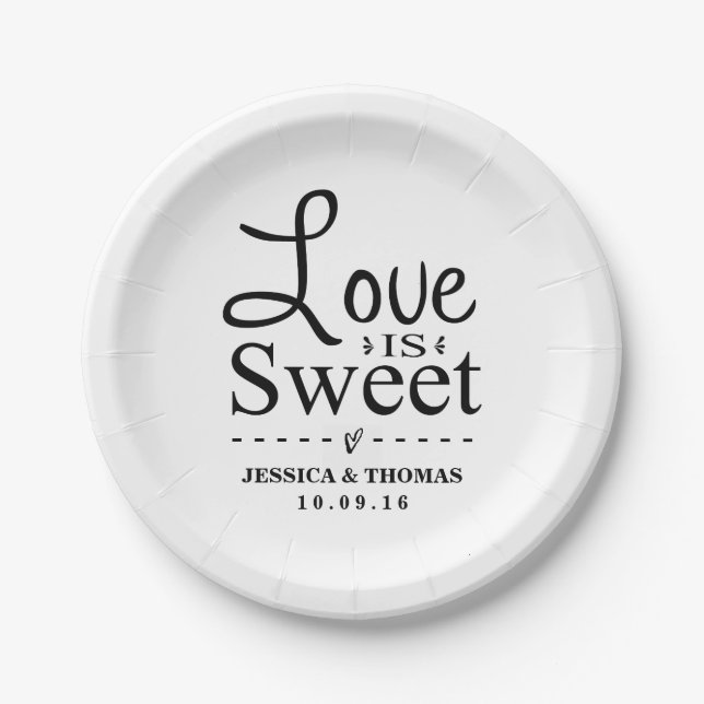 Love Is Sweet! Custom Black & White Wedding Paper Plates (Front)