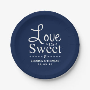 Love Is Sweet! Custom Navy Blue Wedding Paper Plates