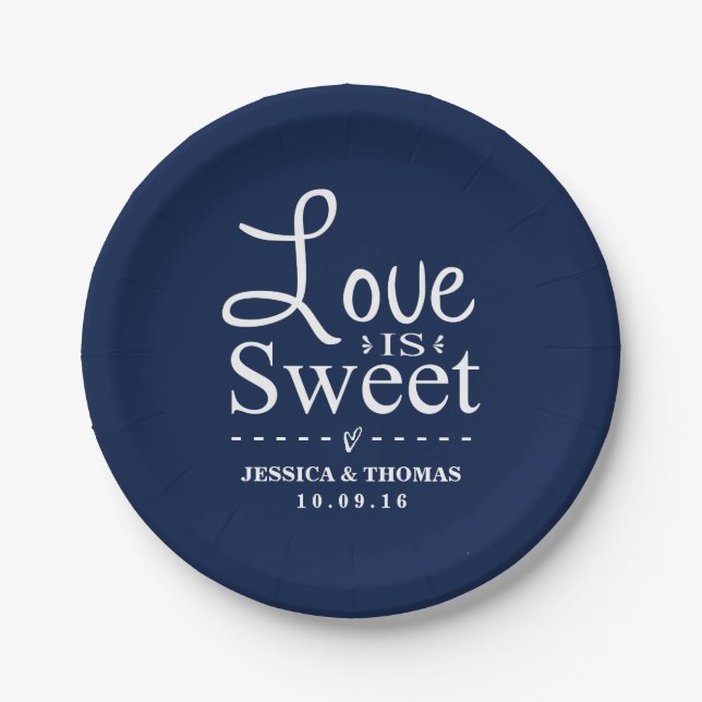 Love Is Sweet! Custom Navy Blue Wedding Paper Plates (Front)