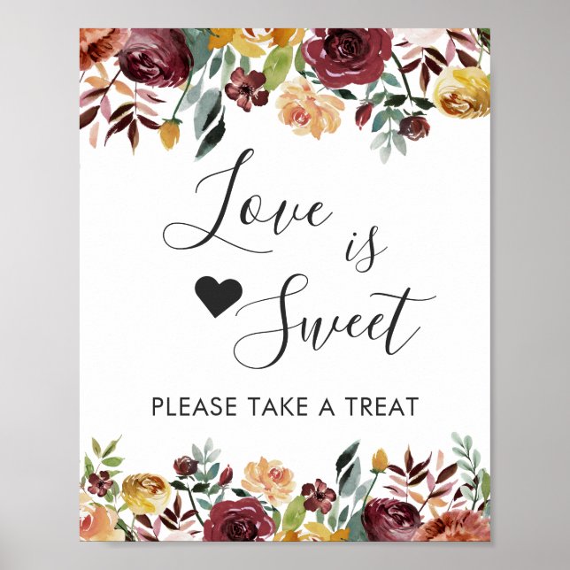 Love is Sweet Dessert Bar Rustic Burgundy Floral Poster (Front)