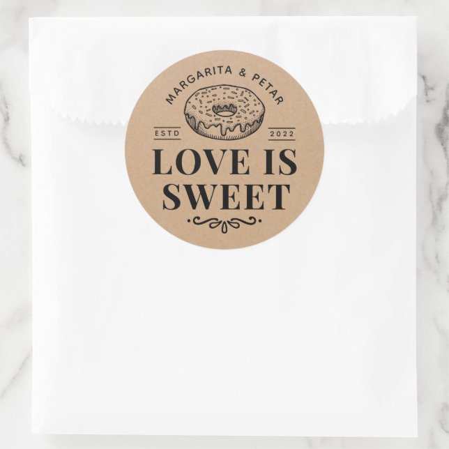 Love is Sweet Donut Rustic Wedding Kraft Classic Round Sticker (Bag)