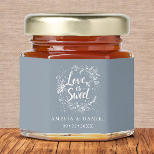 Love is Sweet Dusty Blue Minimalist Wedding Honey Jar Favors