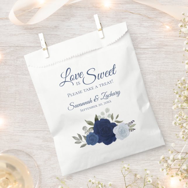 Love is Sweet Dusty Blue & Navy Floral Wedding Favor Bag (Clipped)