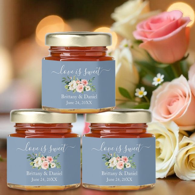 Love Is Sweet Dusty Blue Pink Floral Wedding Honey Jar Favors (Customize to change text size, text style or background color.)