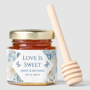 Love Is Sweet Dusty Blue Watercolor Floral Wedding Honey Jar Favors
