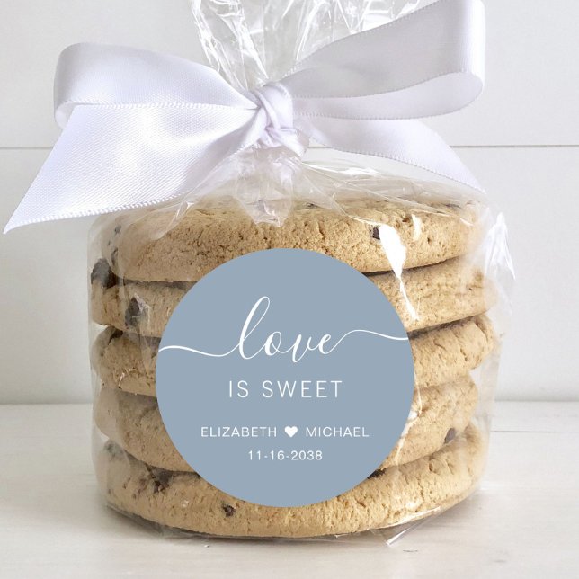 Love Is Sweet Dusty Blue Wedding Favor Classic Round Sticker (Creator Uploaded)
