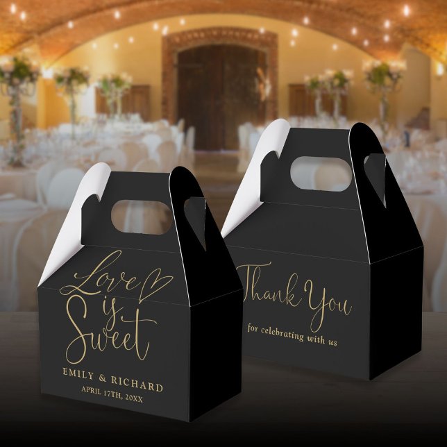 Love Is Sweet Elegant Black And Gold Wedding Favor Boxes (Love Is Sweet Elegant Black And Gold Wedding Favor Boxes)