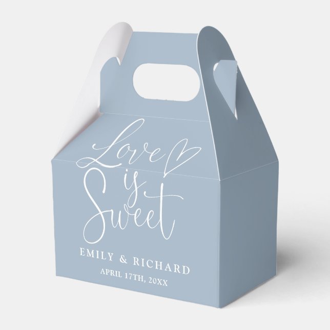 Love Is Sweet Elegant Dusty Blue Wedding Favor Boxes (Front Side)