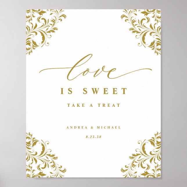 Love is Sweet Elegant Gold Flourish Wedding Sign (Front)