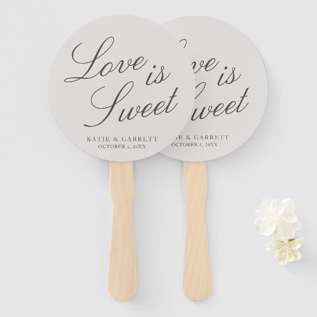 Love Is Sweet Elegant Gray Wedding Hand Fan (Front and Back)