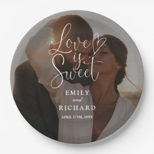 Love Is Sweet Elegant Modern Wedding Photo Paper Plates