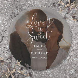 Love Is Sweet Elegant Modern Wedding Photo Paper Plates