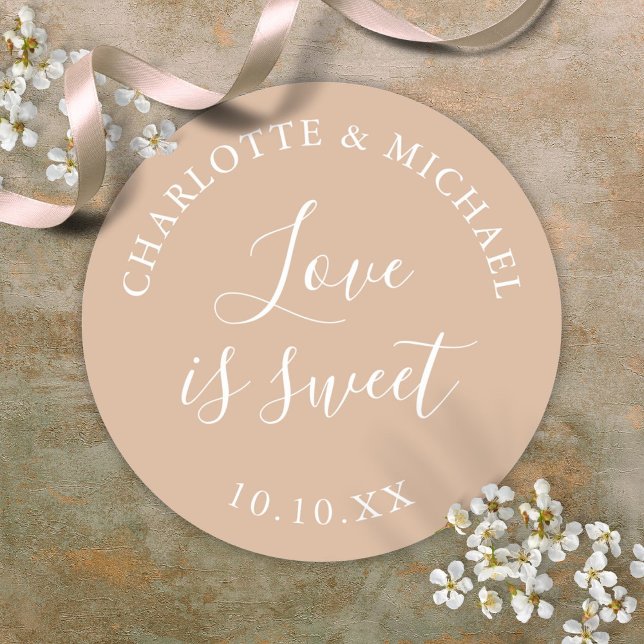 Love Is Sweet Elegant Tan Wedding Favor  Classic Round Sticker (Love Is Sweet Elegant Tan Wedding Favor Classic Round Sticker)