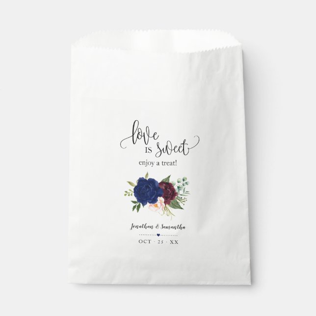 Love is sweet enjoy a treat navy floral wedding favor bag (Front)