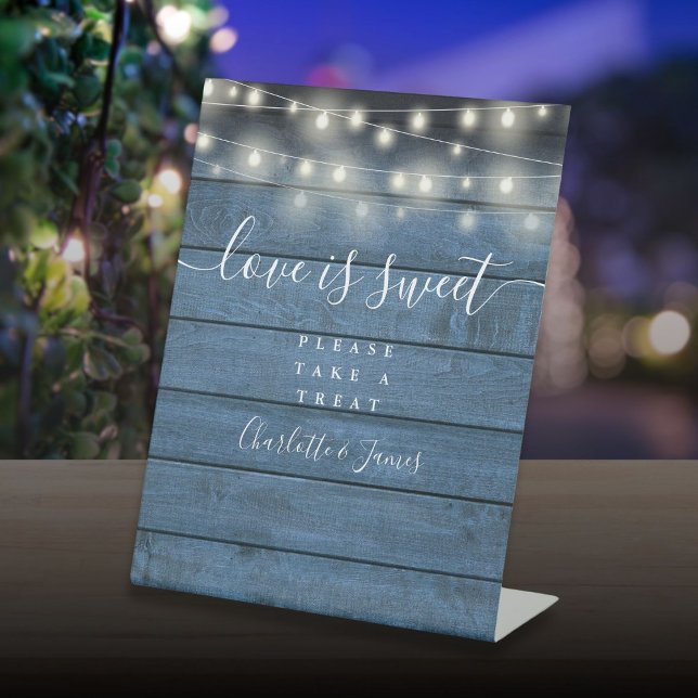 Love Is Sweet Favor String Lights Blue Rustic Wood Pedestal Sign (Love Is Sweet Favor String Lights Blue Rustic Wood Pedestal Sign)