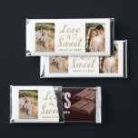 Love is Sweet Gold Heart Script 2 Photo Wedding Hershey Bar Favors<br><div class="desc">Simple and elegant custom wedding Hershey Chocolate bar favors feature a modern heart calligraphy script "Love is Sweet" design, as well as 2 photos of the bride and groom couple. Design includes a custom thank you message that can be personalized on the back. Note, the rich gold and white color...</div>