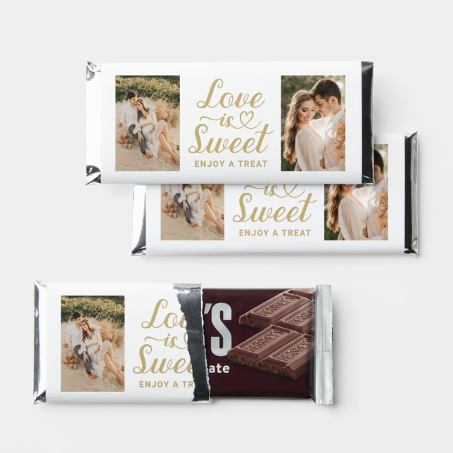 Love is Sweet Gold Heart Script 2 Photo Wedding Hershey Bar Favors (Front)