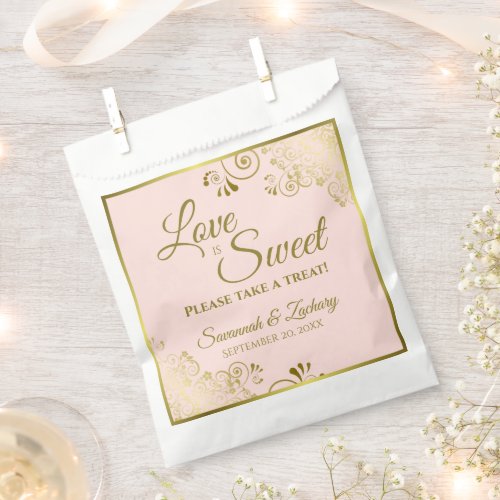 Love is Sweet Gold Lace on Blush Pink Wedding Favor Bag