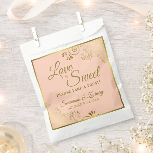 Love is Sweet Gold Lace on Coral Peach Wedding Favor Bag