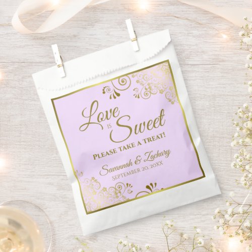 Love is Sweet Gold Lace on Lilac Purple Wedding Favor Bag