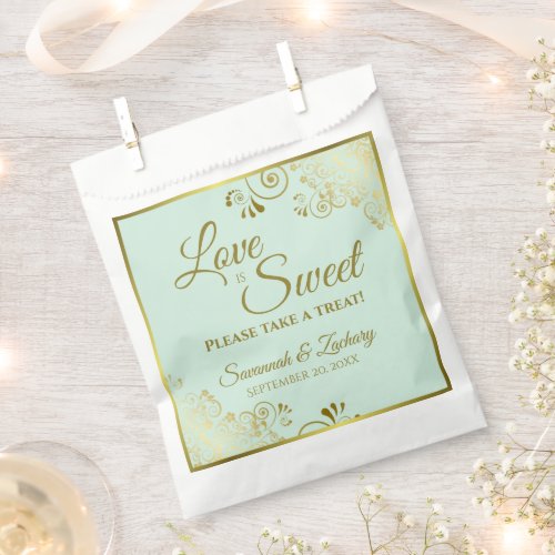 Love is Sweet Gold Lace on Mint Green Wedding Favor Bag