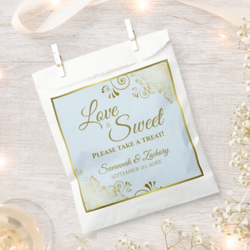 Love is Sweet Gold Lace on Powder Blue Wedding Favor Bag