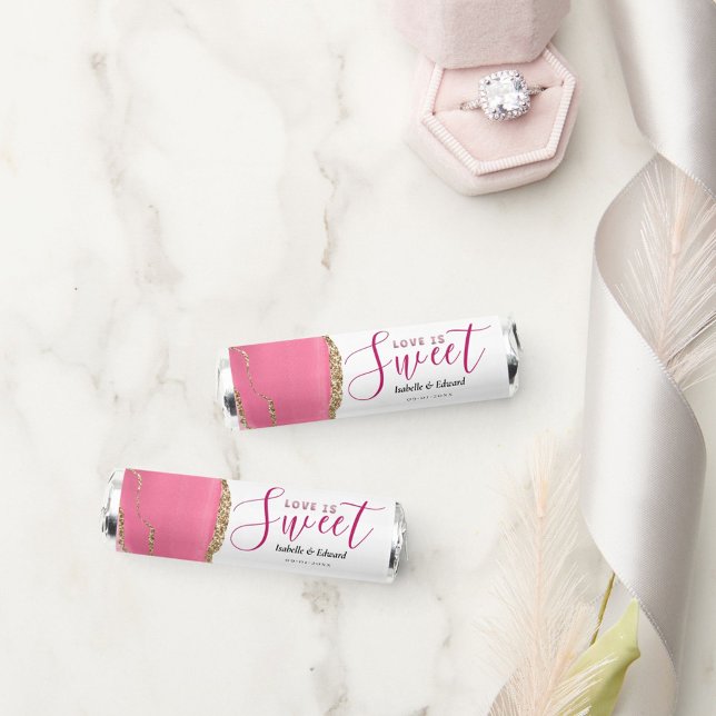 Love Is Sweet Gold & Pink Agate Stone Wedding Breath Savers® Mints (Creator Uploaded)