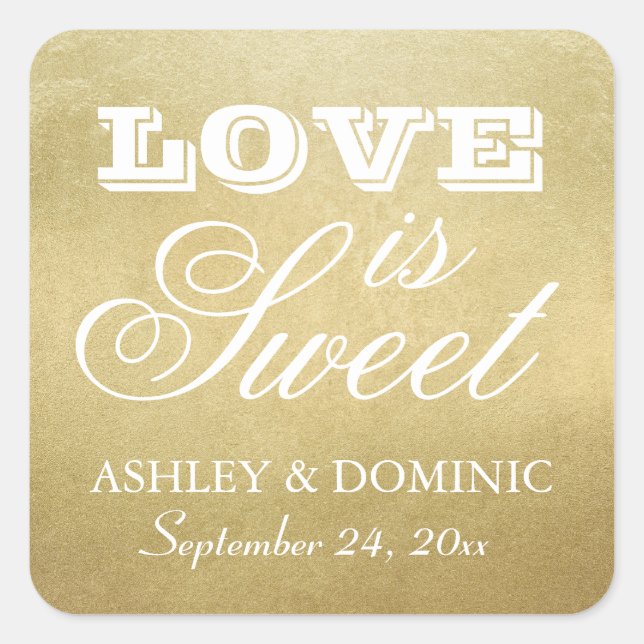 Love is Sweet Gold Wedding Monogram Square Sticker (Front)