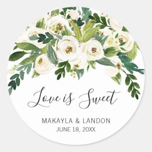 Love Is Sweet Greenery White Floral Wedding Classic Round Sticker