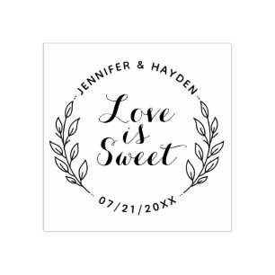 Love Is Sweet Hand Lettered Script & Rustic Wreath Rubber Stamp
